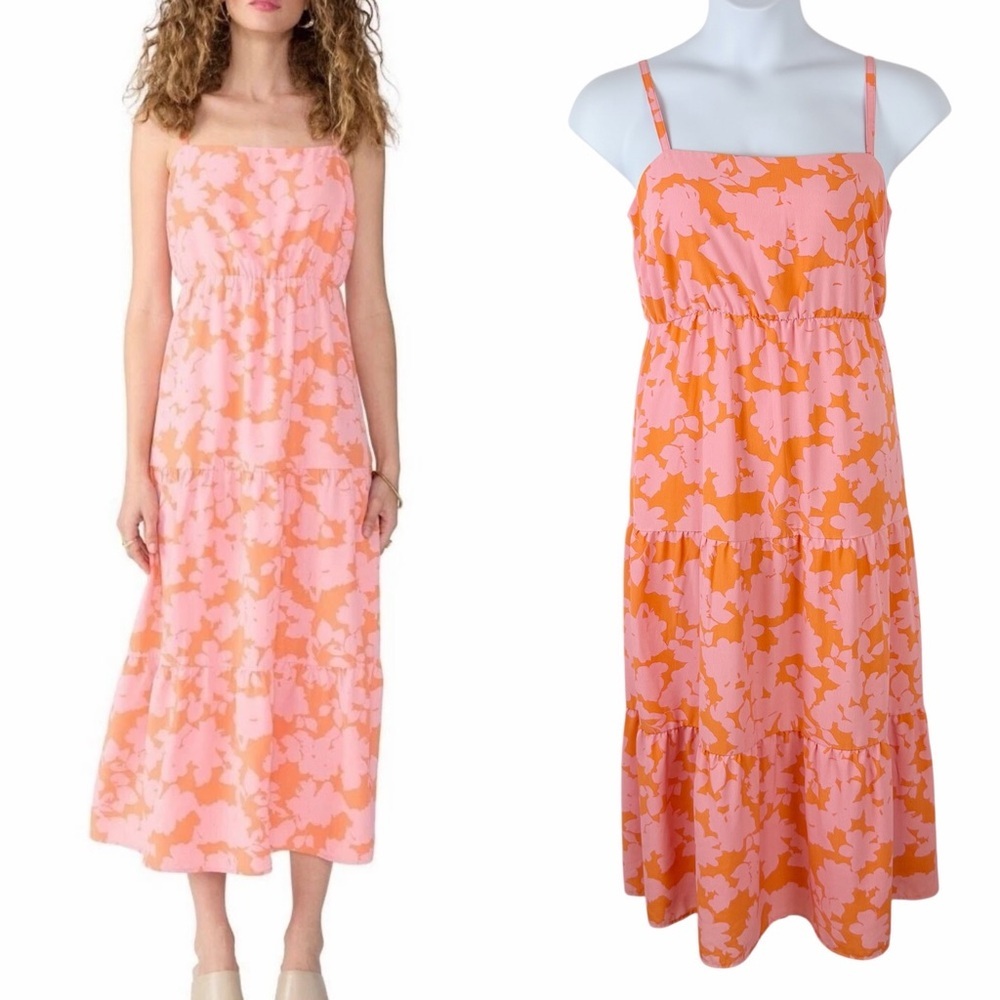 Social Standard by Sanctuary Pink Orange Floral Midi Dress L Smocked Back